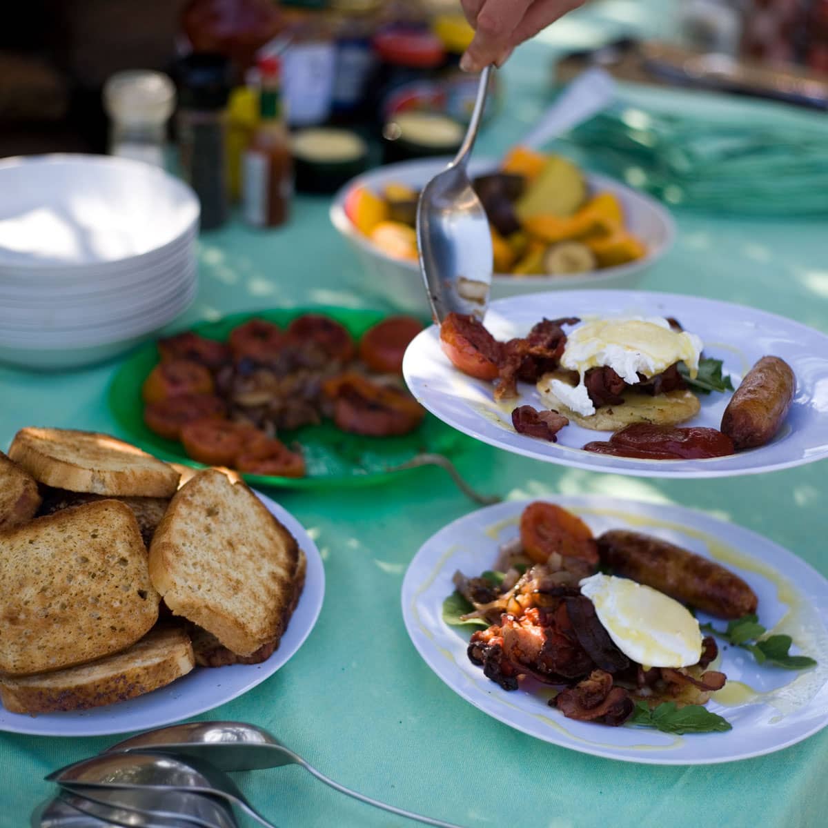 Variety of breakfast foods including toast and eggs